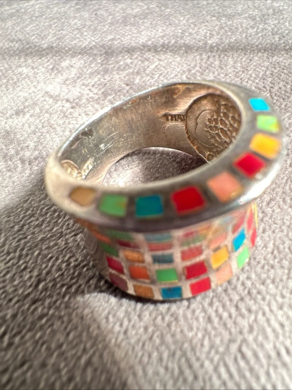Vtg ZUNI ATI Sterling 925 Wide Band Pastel Mosaic Inlay Statement Ring Sz 7.5